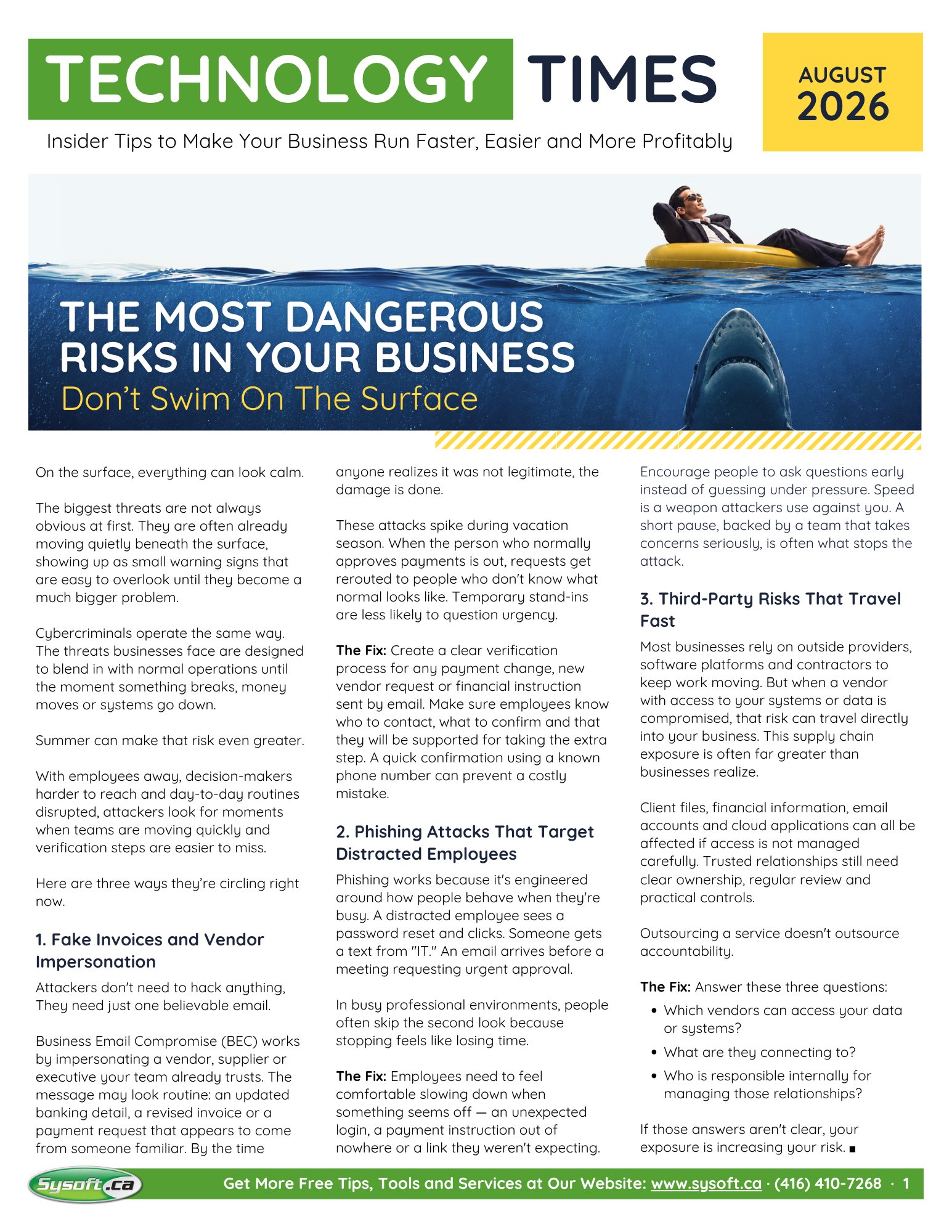 August 2026 Technology Times newsletter cover about business security risks